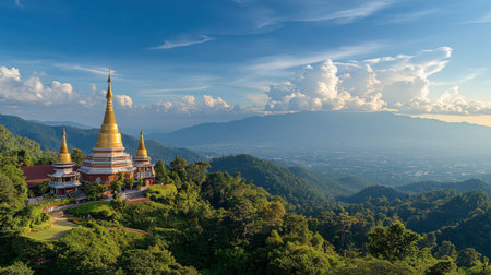 The majestic Doi Suthep Temple perched on the mountain, with golden pagodas and panoramic views of Chiang Mai.の素材