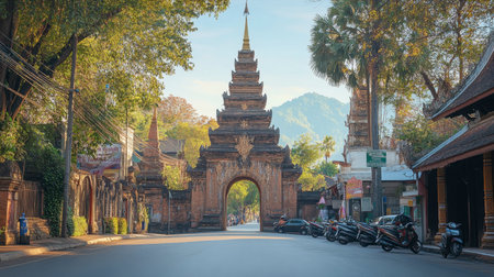 The historic Tha Phae Gate, a popular landmark and meeting spot in Chiang Mai Old City.の素材