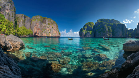 The iconic Maya Bay on Koh Phi Phi, known for its clear waters and towering cliffs.の素材