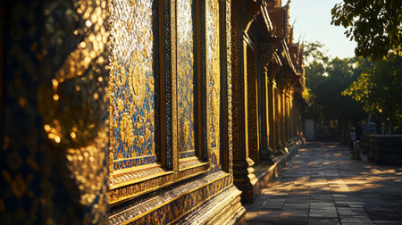 The intricate mosaic decorations on the walls of Wat Thung Setthi, glistening under the afternoon sun.の素材