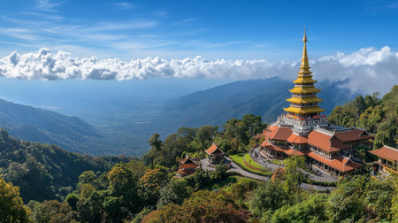 The majestic Doi Suthep Temple perched on the mountain, with golden pagodas and panoramic views of Chiang Mai.の素材