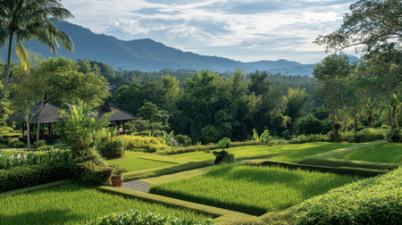 The lush tropical gardens at the Four Seasons Resort Chiang Mai, with rice paddies and mountain views.の素材