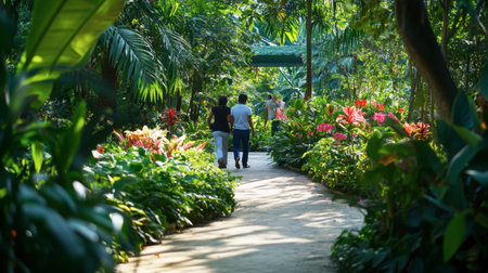 The lush green surroundings of the Queen Sirikit Botanical Garden, with visitors walking among tropical plants and flowers.の素材