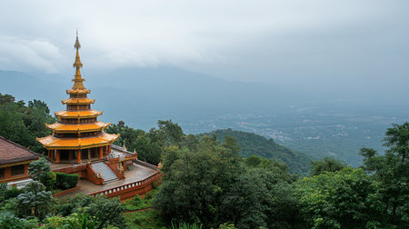 The majestic Doi Suthep Temple perched on the mountain, with golden pagodas and panoramic views of Chiang Mai.の素材