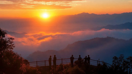 The majestic sunrise over the mist-covered mountains of Doi Inthanon, with visitors taking in the breathtaking view.の素材