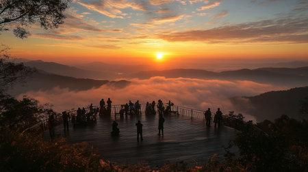 The majestic sunrise over the mist-covered mountains of Doi Inthanon, with visitors taking in the breathtaking view.の素材