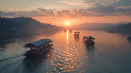 The natural beauty of the Mekong River at dawn, with the sun rising over the water and boats drifting along.の素材