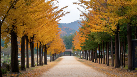 The picturesque scenery of Nami Island, famous for its tree-lined pathways and beautiful natural landscapes year-round.の素材