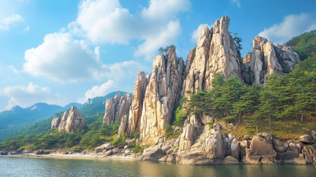 The serene beauty of the Ulsanbawi Rock in Seoraksan National Park, known for its unique rock formations.の素材