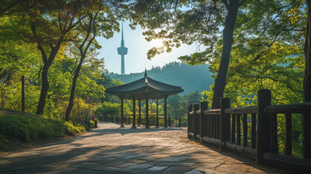 The serene landscape of Namsan Park, featuring the iconic Namsan Tower and beautiful walking trails.の素材