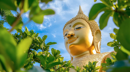 The massive golden Buddha statue at Wat Phrathat Nong Bua, framed by blue skies and lush greenery.の素材