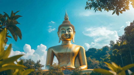 The massive golden Buddha statue at Wat Phrathat Nong Bua, framed by blue skies and lush greenery.の素材