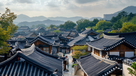 The serene beauty of Namsangol Hanok Village, showcasing traditional Korean houses and cultural performances.の素材