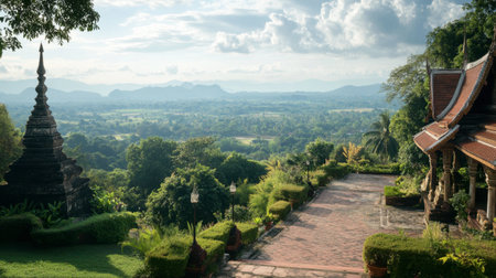 The scenic view from Wat Phra Maha Chedi Chai Mongkol terrace, overlooking the lush greenery and surrounding countryside.の素材