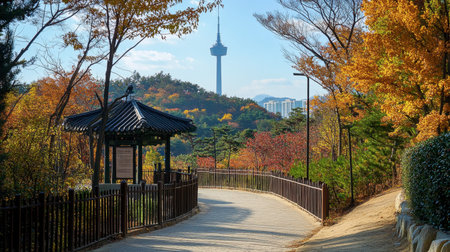 The serene landscape of Namsan Park, featuring the iconic Namsan Tower and beautiful walking trails.の素材