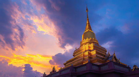 The stunning pagoda of Wat Phra That Na Dun at sunset, with the golden structure glowing against the darkening sky.の素材