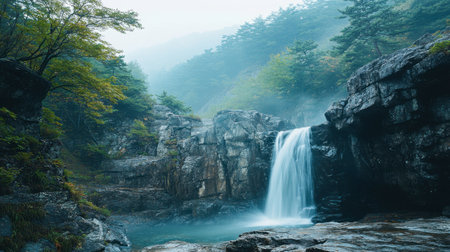 The stunning view of the cliffs and waterfalls at the scenic Odaesan National Park.の素材