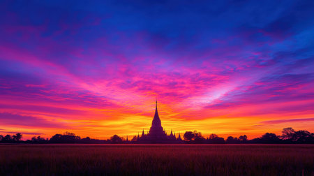The stunning sunset over the fields near Ubon Ratchathani, with a pagoda silhouetted against the colorful sky.の素材