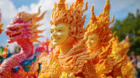 The vibrant colors of the Ubon Ratchathani Candle Festival, with elaborately carved wax sculptures parading through the streets.の素材