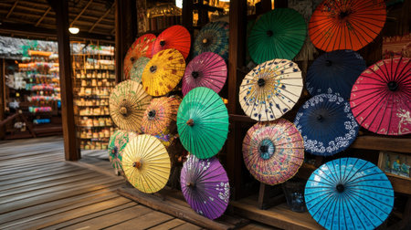 The vibrant colors and designs of the handcrafted umbrellas on display at the Bo Sang Umbrella Village.の素材