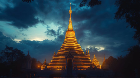 The stunning pagoda of Wat Phra That Na Dun at sunset, with the golden structure glowing against the darkening sky.の素材