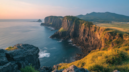 The stunning view of the cliffs and ocean at Seongsan Ilchulbong (Sunrise Peak) in Jeju, famous for its sunrise views.の素材