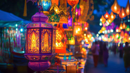The vibrant colors of the lanterns and decorations at the Chiang Mai Night Bazaar during the Loy Krathong Festival.の素材