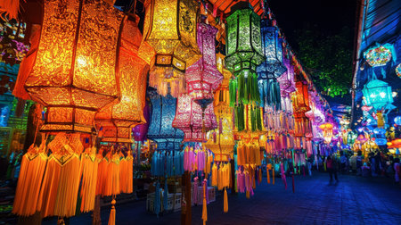The vibrant colors of the lanterns and decorations at the Chiang Mai Night Bazaar during the Loy Krathong Festival.の素材