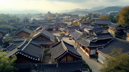 The stunning view of the Hanok Village in Suwon, showcasing traditional architecture and peaceful surroundings.の素材