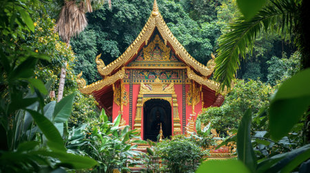 The vibrant red and gold decorations of Wat Thung Si Muang, standing out against the green foliage.の素材