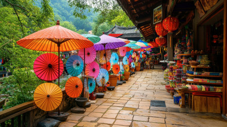 The vibrant umbrellas and handicrafts at the Bo Sang Umbrella Village, a popular spot for tourists.の素材