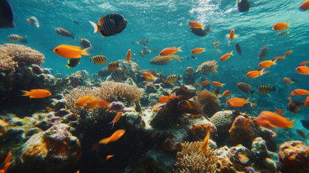 The vibrant underwater life of Koh Lanta, with schools of fish swimming through coral reefs.の素材