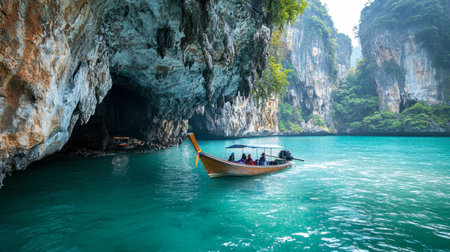 Tourists exploring the limestone cliffs and turquoise waters of Railay Beach in Krabi.の素材