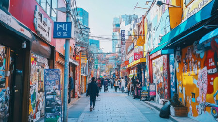 The vibrant street art scene in Hongdae, showcasing colorful murals and youthful energy.の素材