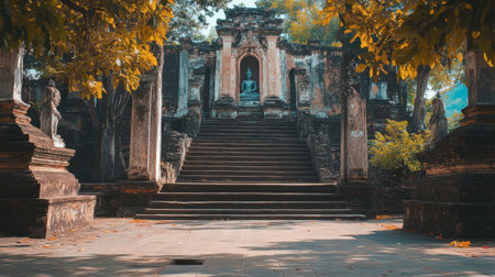 Wat Chedi Luang's ancient ruins in the heart of Chiang Mai Old City, surrounded by historical statues and structures.の素材
