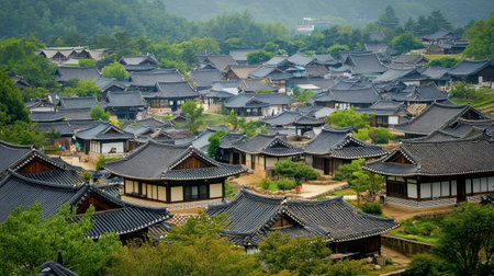 A scenic shot of the historical Yangdong Folk Village, showcasing traditional Korean architecture and rural life.の素材