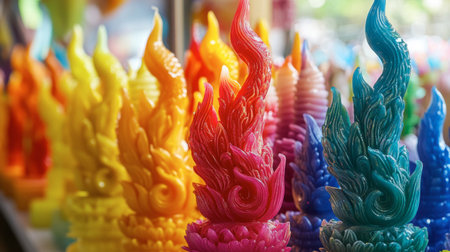 A close-up of the colorful candle sculptures being crafted for the Ubon Ratchathani Candle Festival.の素材