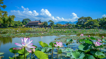 The beautiful lotus ponds and flower gardens at the Royal Park Rajapruek, a popular tourist destination in Chiang Mai.の素材