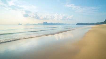 A tranquil morning at Natai Beach in Phang Nga, with calm waters and soft golden sand.の素材