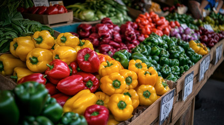 A vibrant display of assorted bell peppers in a farmer's market, highlighting their fresh, organic quality and enticing shoppers.の素材