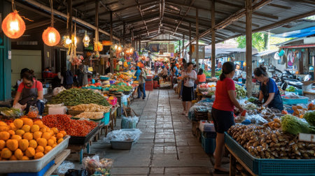 The bustling local market of Trang, with fresh produce, seafood, and local delicacies.の素材
