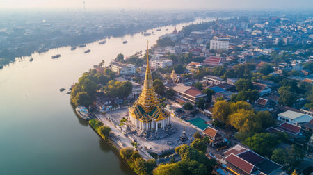 An aerial view of the Roi Et City Pillar Shrine, with its distinctive architecture standing out in the heart of the city.の素材
