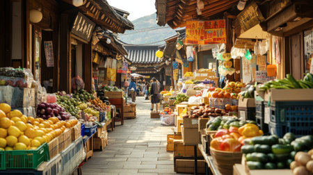 A vibrant scene of the traditional Korean markets in Gyeongju, filled with local produce and unique crafts.の素材