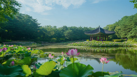 The beautiful lotus flowers blooming in the ponds of the Seoul Forest, creating a serene environment for visitors.の素材