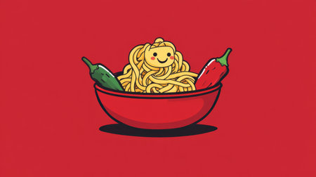 A whimsical cartoon of a noodle bowl, with the noodles forming a fun spiral and smiling chilies on the side.の素材