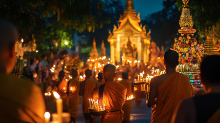 The colorful candle-lit procession at Wat Phra That Nong Bua during a Buddhist festival, with monks and worshippers carrying candles.の素材