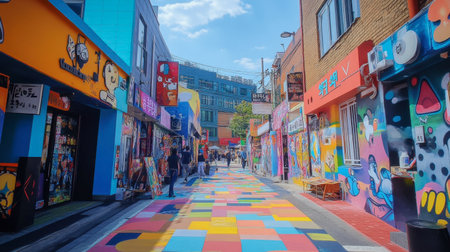 A vibrant street filled with colorful murals and art installations in the artistic district of Hongdae.の素材