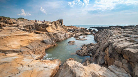 The rocky landscape of Sam Phan Bok, with tourists exploring the unique craters and water pools formed by the river.の素材