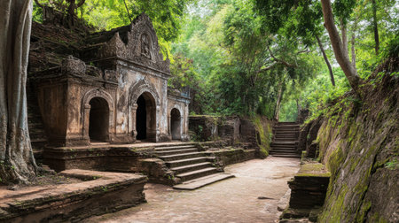 The historic and sacred Wat Umong, a forest temple with ancient tunnels and serene surroundings.の素材