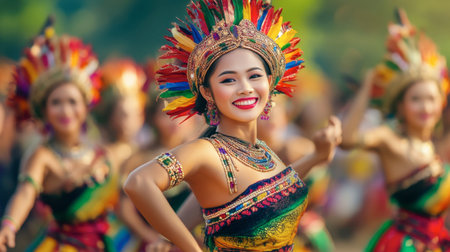 Traditional Isan dancers performing at a cultural festival in Roi Et, with colorful costumes and joyful expressions.の素材